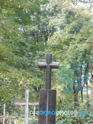 Crosses On Graves Cemetery And Fences  Stock Photo