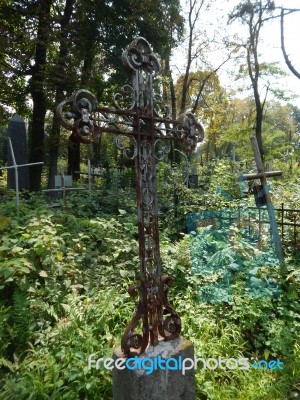 Crosses On Graves Cemetery And Fences  Stock Photo