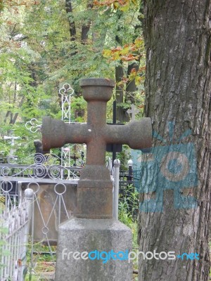 Crosses On Graves Cemetery And Fences   Stock Photo