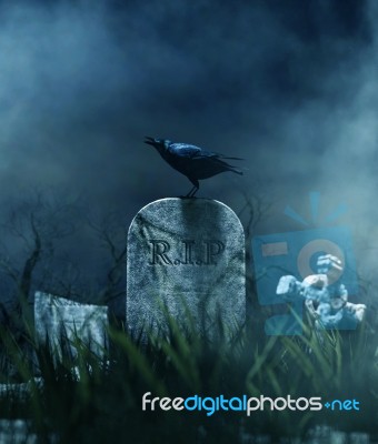 Crow On A Gravestone In Halloween Night,3d Illustration Stock Image