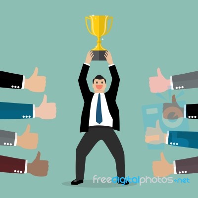 Crowd Praise Businessman Holding Up A Winning Trophy Stock Image