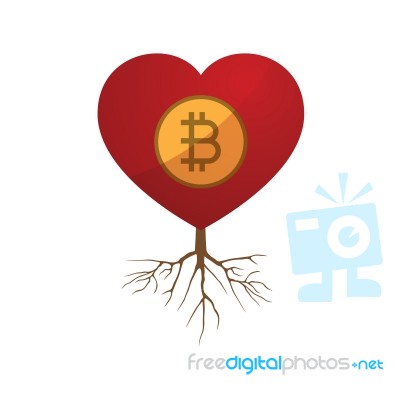 Cryptocurrency Bitcoin Love Heart With Root Flat Design Icon Vec… Stock Image