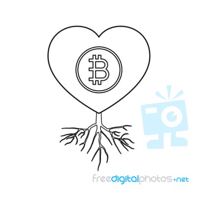 Cryptocurrency Bitcoin Love Heart With Root Thin Line Flat Desig… Stock Image