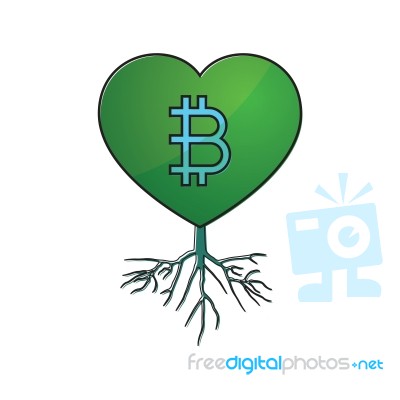 Cryptocurrency Bitcoin Love Heart With Root Thin Line Flat Desig… Stock Image