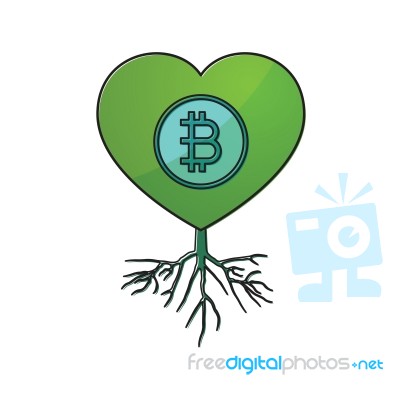 Cryptocurrency Bitcoin Love Heart With Root Thin Line Flat Desig… Stock Image