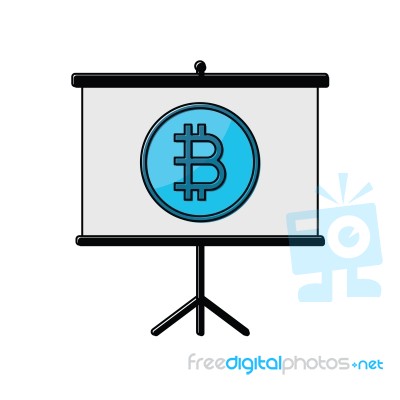 Cryptocurrency Bitcoin On Presentation Board Thin Line Flat Desi… Stock Image