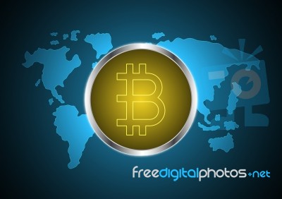 Cryptocurrency Bitcoin On World Map Stock Image