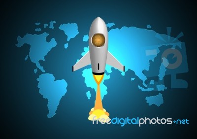 Cryptocurrency Bitcoin Rocket Rush Flying In The Sky With World Stock Image