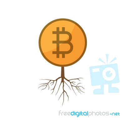 Cryptocurrency Bitcoin With Root Flat Design Icon  Illustr Stock Image