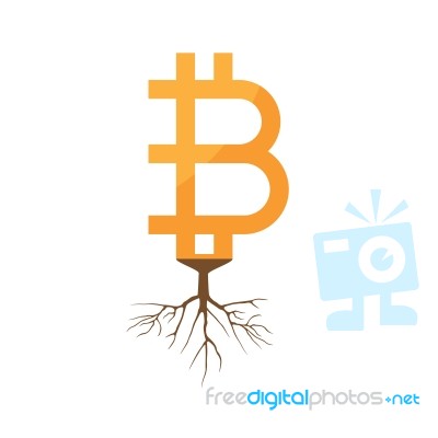 Cryptocurrency Bitcoin With Root Flat Design Icon  Illustr Stock Image