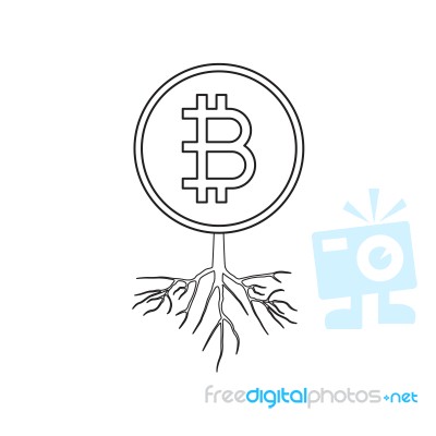 Cryptocurrency Bitcoin With Root Thin Line Flat Design Icon Vect… Stock Image