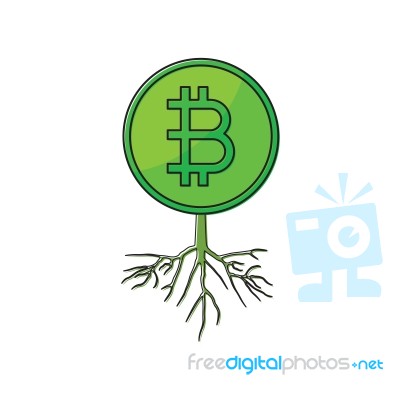 Cryptocurrency Bitcoin With Root Thin Line Flat Design Icon Vect… Stock Image