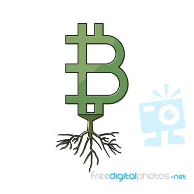 Cryptocurrency Bitcoin With Root Thin Line Flat Design Icon Vect… Stock Image