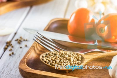 Culinary Background With Spices On Wooden Table Stock Photo