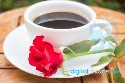 Cup Of Black Coffee In Home Garden Stock Photo