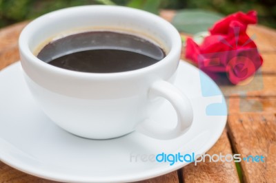 Cup Of Black Coffee In Home Garden Stock Photo