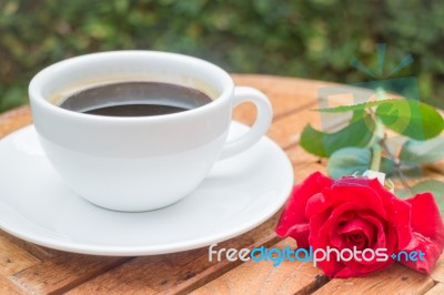 Cup Of Black Coffee In Home Garden Stock Photo