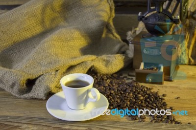 Cup Of Coffee, Coffee-beans, Coffee Grinder, Coffee Sack	 Stock Photo