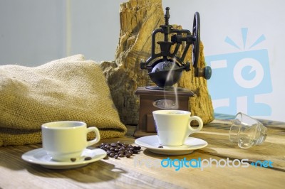 Cup Of Coffee, Coffee-beans, Coffee Grinder, Coffee Sack	 Stock Photo