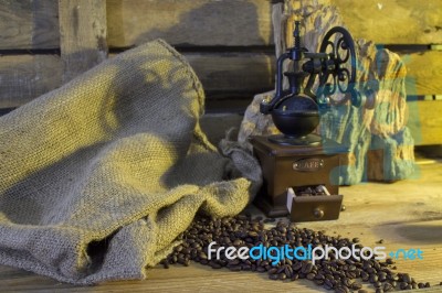 Cup Of Coffee, Coffee-beans, Coffee Grinder, Coffee Sack	 Stock Photo