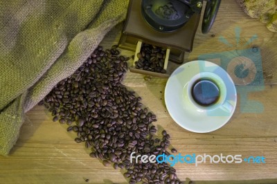 Cup Of Coffee, Coffee-beans, Coffee Grinder, Coffee Sack	 Stock Photo