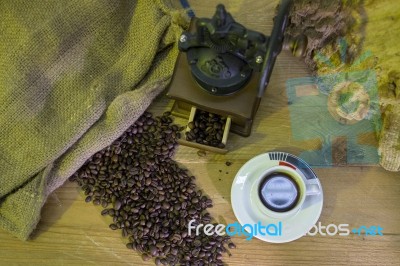 Cup Of Coffee, Coffee-beans, Coffee Grinder, Coffee Sack	 Stock Photo