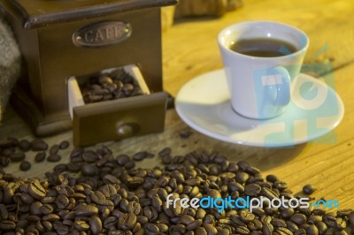 Cup Of Coffee, Coffee-beans, Coffee Grinder, Coffee Sack	 Stock Photo