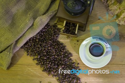 Cup Of Coffee, Coffee-beans, Coffee Grinder, Coffee Sack	 Stock Photo