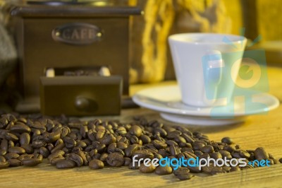 Cup Of Coffee, Coffee-beans, Coffee Grinder, Coffee Sack	 Stock Photo