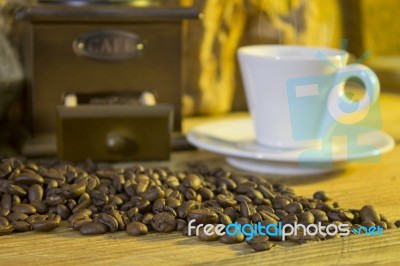 Cup Of Coffee, Coffee-beans, Coffee Grinder, Coffee Sack	 Stock Photo