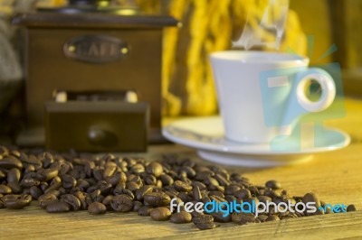 Cup Of Coffee, Coffee-beans, Coffee Grinder, Coffee Sack	 Stock Photo