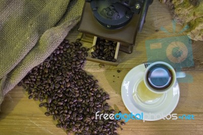 Cup Of Coffee, Coffee-beans, Coffee Grinder, Coffee Sack	 Stock Photo