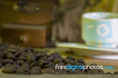 Cup Of Coffee, Coffee-beans, Coffee Grinder, Coffee Sack	 Stock Photo