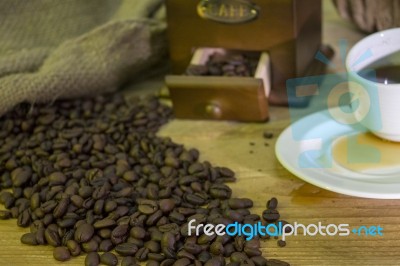 Cup Of Coffee, Coffee-beans, Coffee Grinder, Coffee Sack Stock Photo