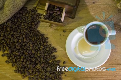 Cup Of Coffee, Coffee-beans, Coffee Grinder, Coffee Sack	 Stock Photo