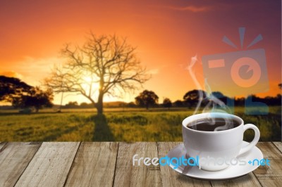 Cup Of Coffee With Mountain At Old Oak In Sunset With Sun Stock Photo