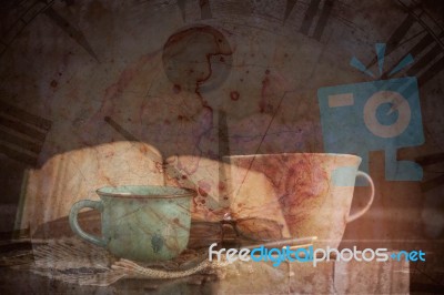 Cup With Clock Of Background Stock Photo