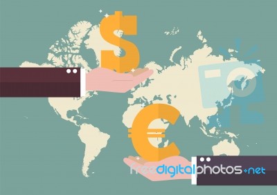 Currency Exchange Euro And Dollar With World Map Background Stock Image