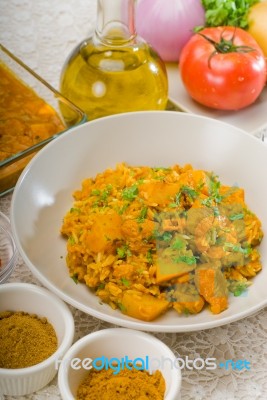 Curry Beef Rice And Potatoes Stock Photo