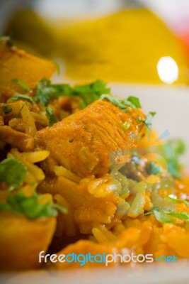 Curry Beef Rice And Potatoes Stock Photo