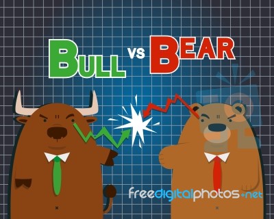 Cute Big Bull Bear Cartoon Versus In Stock Market Stock Image