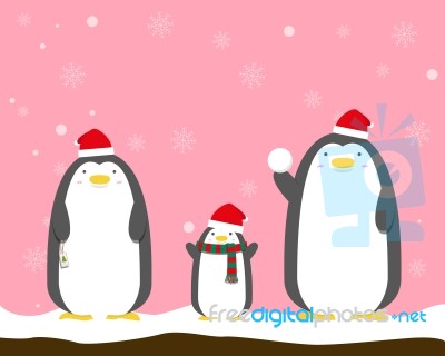 Cute Big Fat Penguin Family Wear Christmas Hat Stock Image