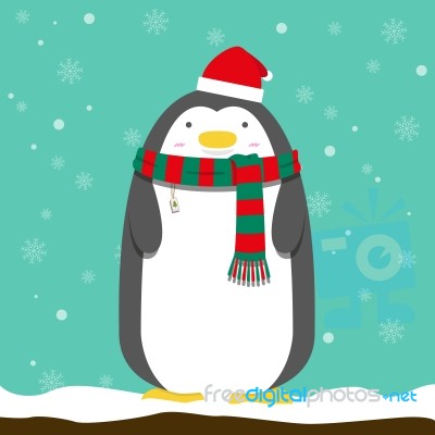 Cute Big Fat Penguin Wear Christmas Hat And Scarf Stock Image