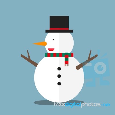 Cute Big Fat Snowman Wear Hat And Scarf Flat Design Stock Image