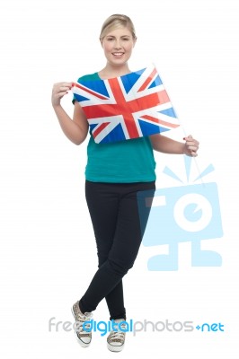 Cute Blonde Uk Supporter Striking Stylish Pose Stock Photo