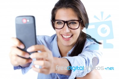 Cute Brunette Woman Taking Photo Of Herself Stock Photo