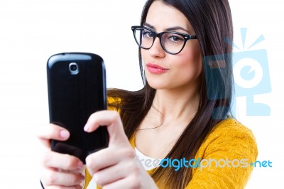 Cute Brunette Woman Taking Photo Of Herself Stock Photo