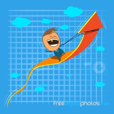 Cute Character Happy Businessman Riding On Rising Arrow Stock Image