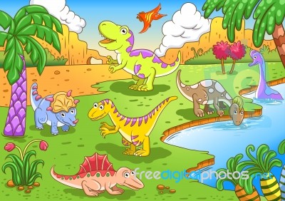 Cute Dinosaurs In Prehistoric Scene Stock Image