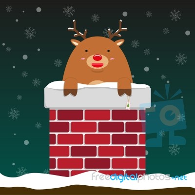 Cute Fat Big Reindeer Come Out Of Chimney Stock Image